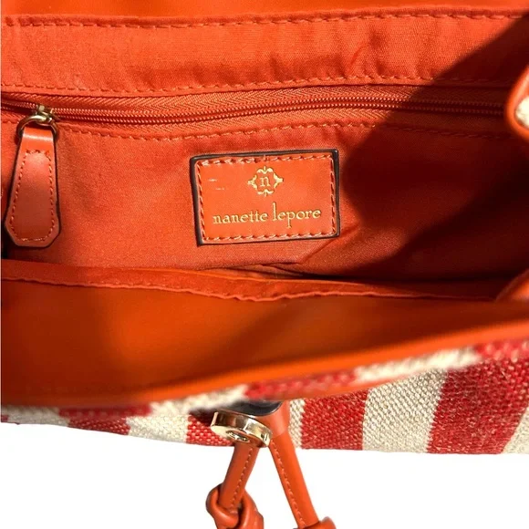 Nanette Lepore Linen Vegan Leather Backpack Red White Classic Preppy Academia - Picture 4 of 6